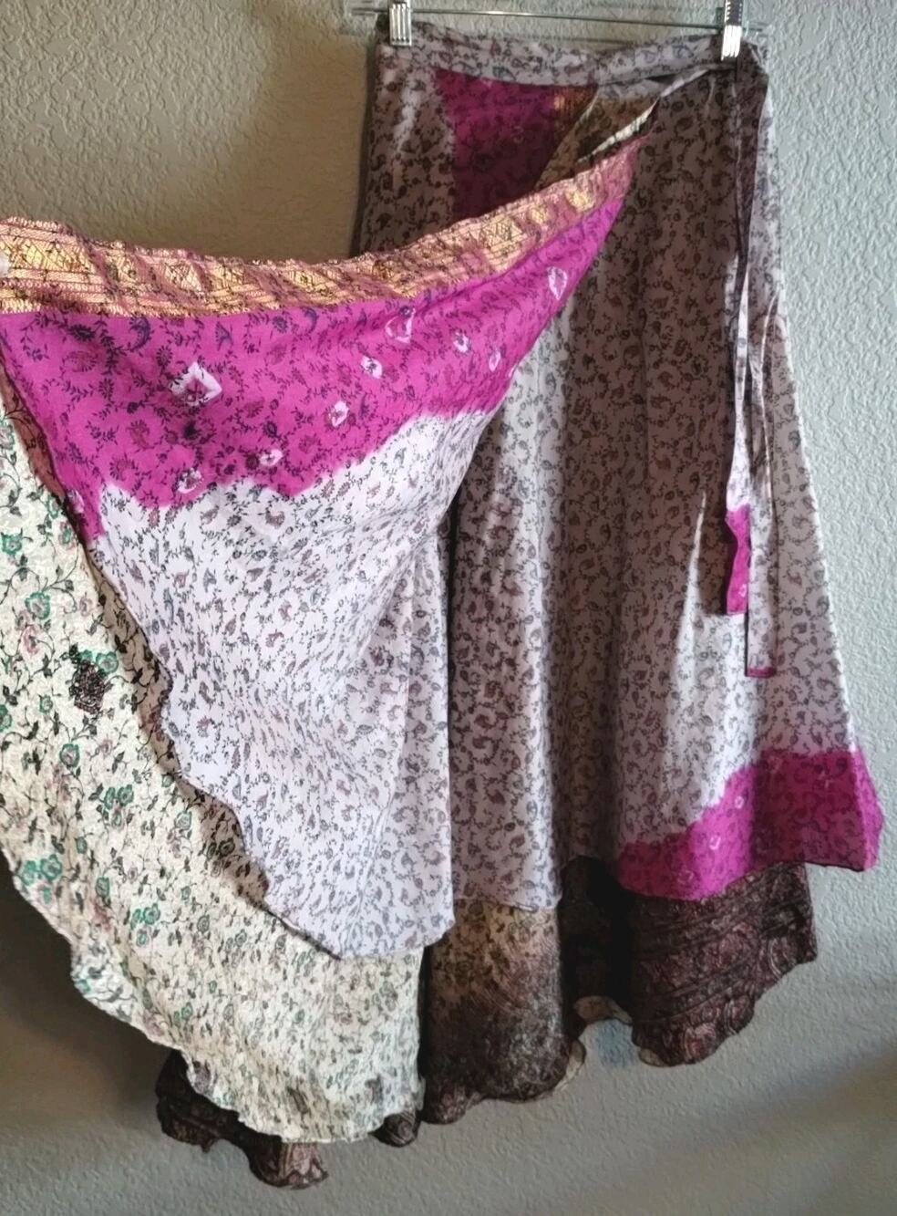 Handmade Sari 100% Silk Wrap Skirt Maxi Boho Layered Floral Ruffles Flowy Fun OS